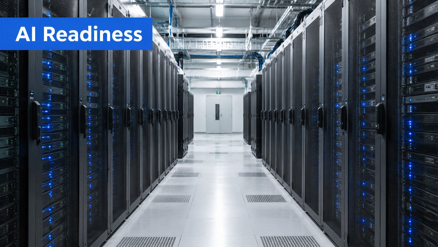 A perspective view of a long server room corridor filled with rows of black server racks.
