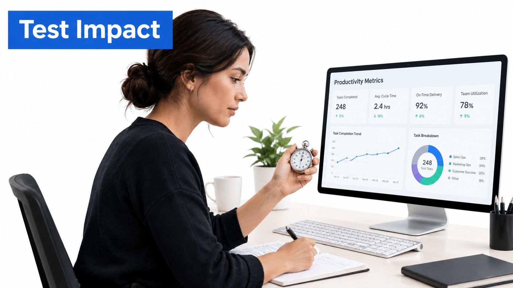 A professional woman in an office setting analyzing productivity metrics on a computer while holding a stopwatch.