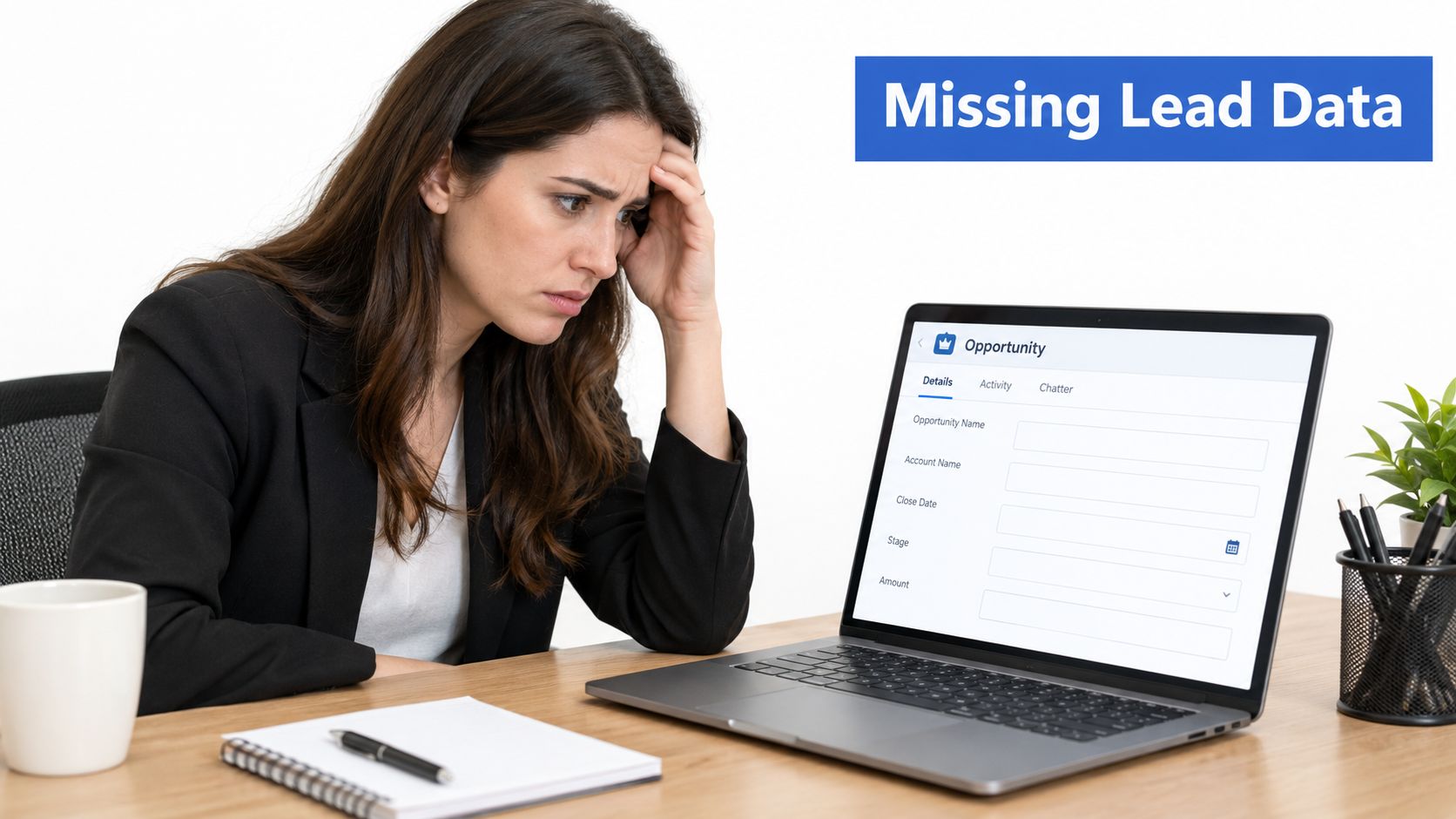 A businesswoman looking stressed while looking at a blank opportunity form on her laptop computer screen.