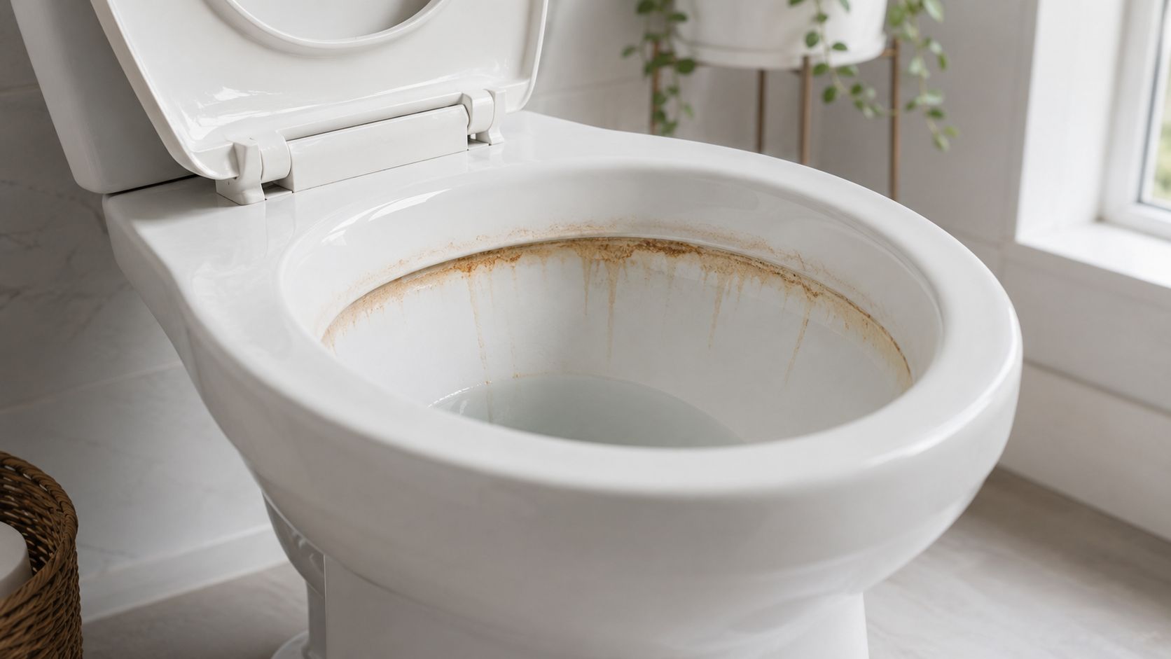 Et beskidt hvidt toilet med tydelige brune okkerpletter og kalkaflejringer under skyllekanten i et badeværelse.