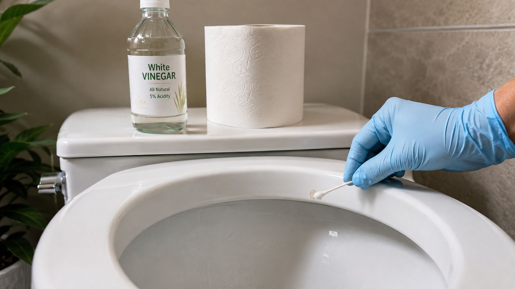 En hånd iført blå gummihandske bruger en vatpind til at fjerne kalk eller okker i toilettet.