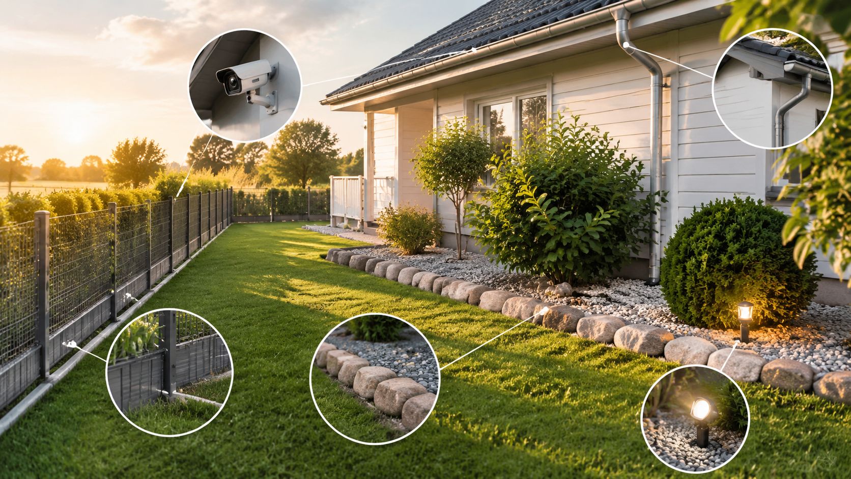 Et moderne hus med sikkerhedskamera, drænrende og belysning som led i en omfattende klimatilpasning af haven.