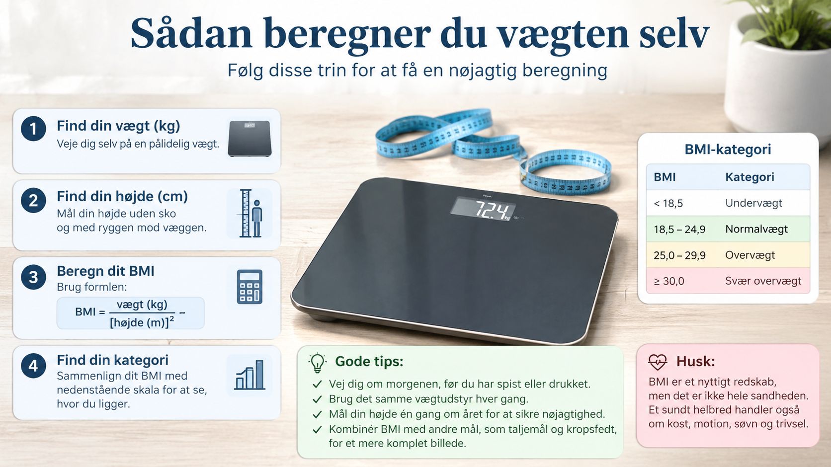 En infografik der forklarer hvordan man beregner sit BMI og viser de forskellige vægtkategorier på dansk.