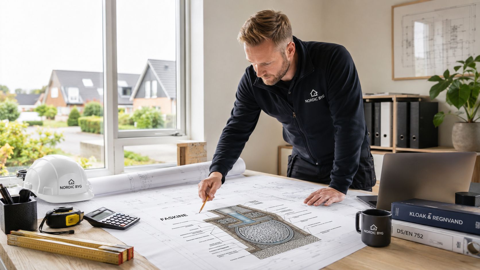 Byggeleder gennemgår detaljerede ingeniørtegninger af et faskinesystem til effektiv regnvandshåndtering på sit kontor.