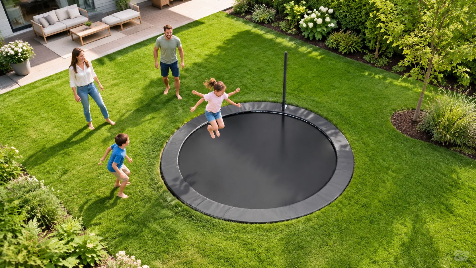 En familie har det sjovt med en moderne trampolin til nedgravning i en solskinsfyldt grøn have.