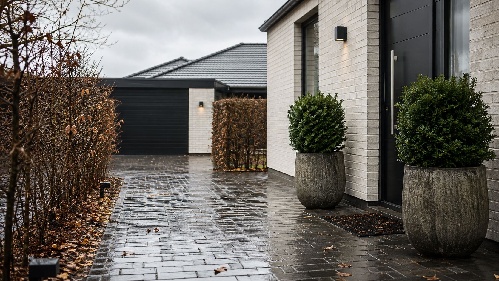 Moderne indgangsparti med hvide mursten, mørke døre og to store krukker med stedsegrønne planter på flisebelagt sti.