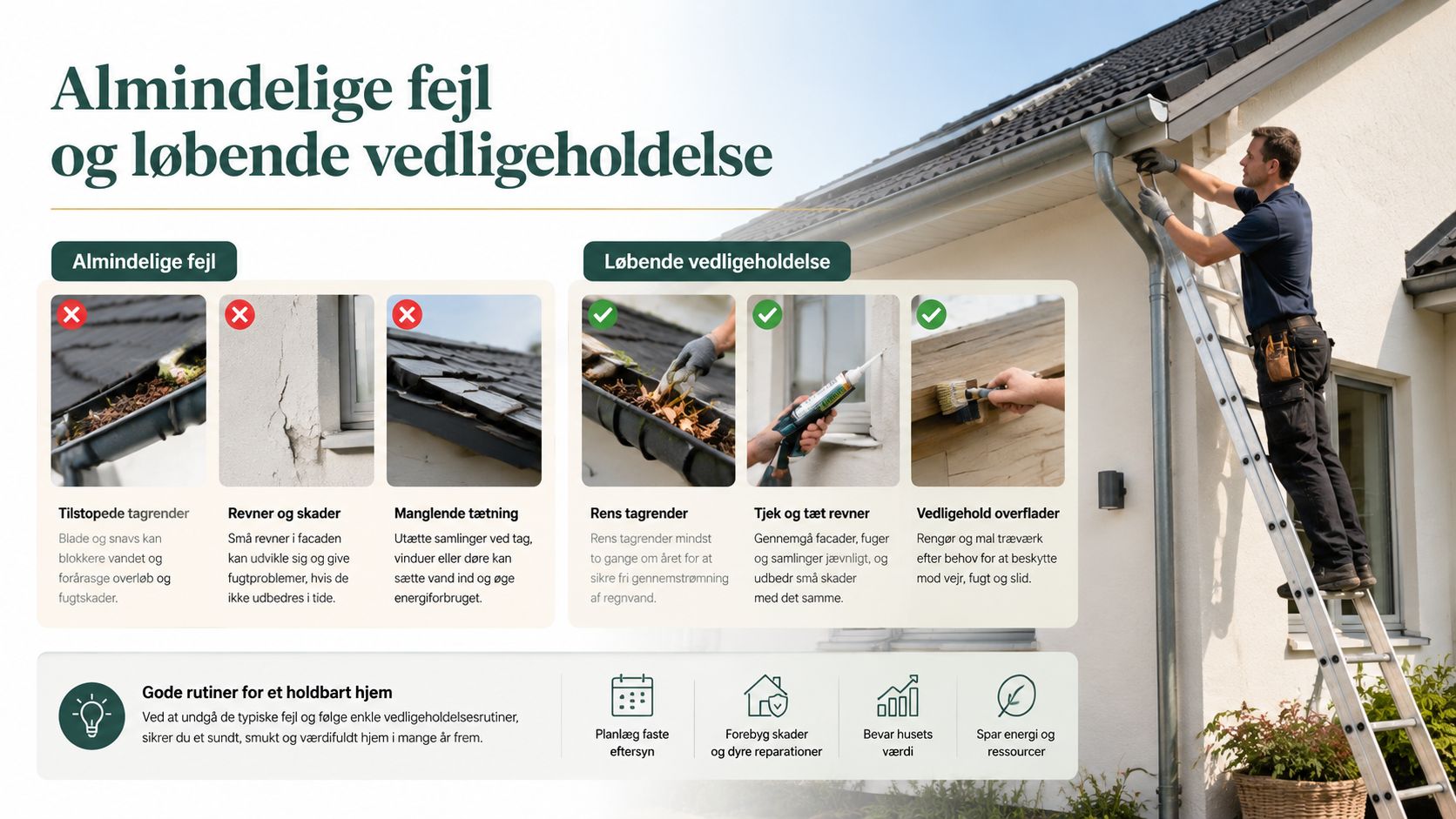 En infografik der viser almindelige fejl ved boligen og vigtig løbende vedligeholdelse for et sundere hjem.