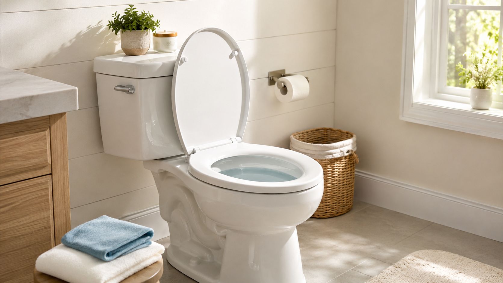 Et moderne badeværelse med hvidt toilet, trækabinet, håndklæder, flettet kurv og et lyst vindue i baggrunden.