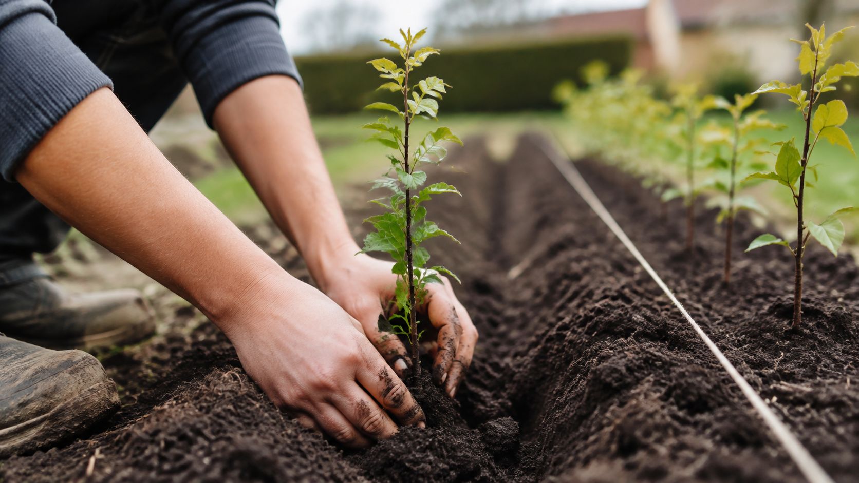 En person planter en lille bøgeplante i den løse sorte havejord som led i bøgehæk med klump etablering.