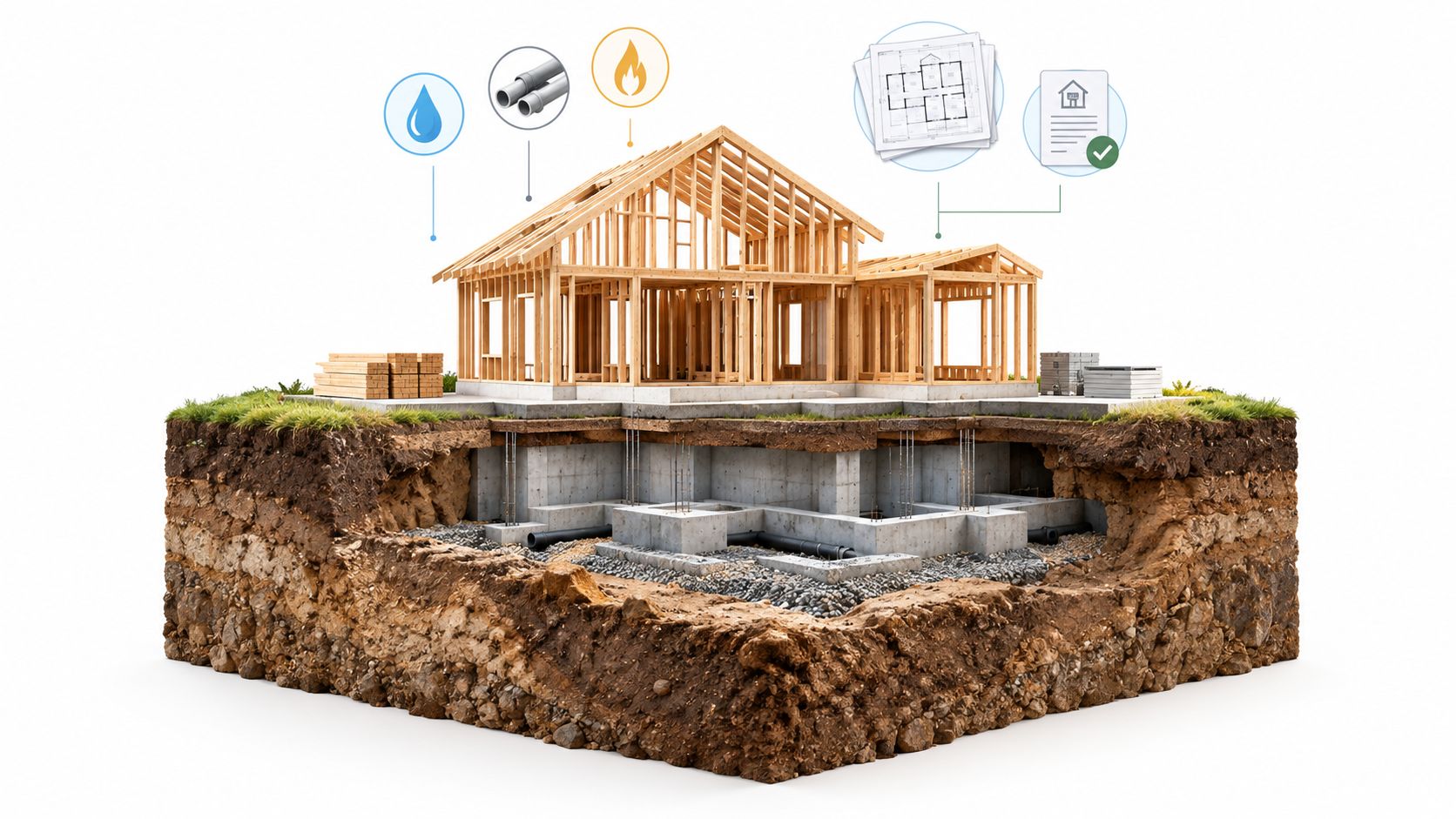 Et tværsnit af en husbyggegrund der viser fundamentet, underjordiske rørinstallationer og træskelettet af et nyt hus.