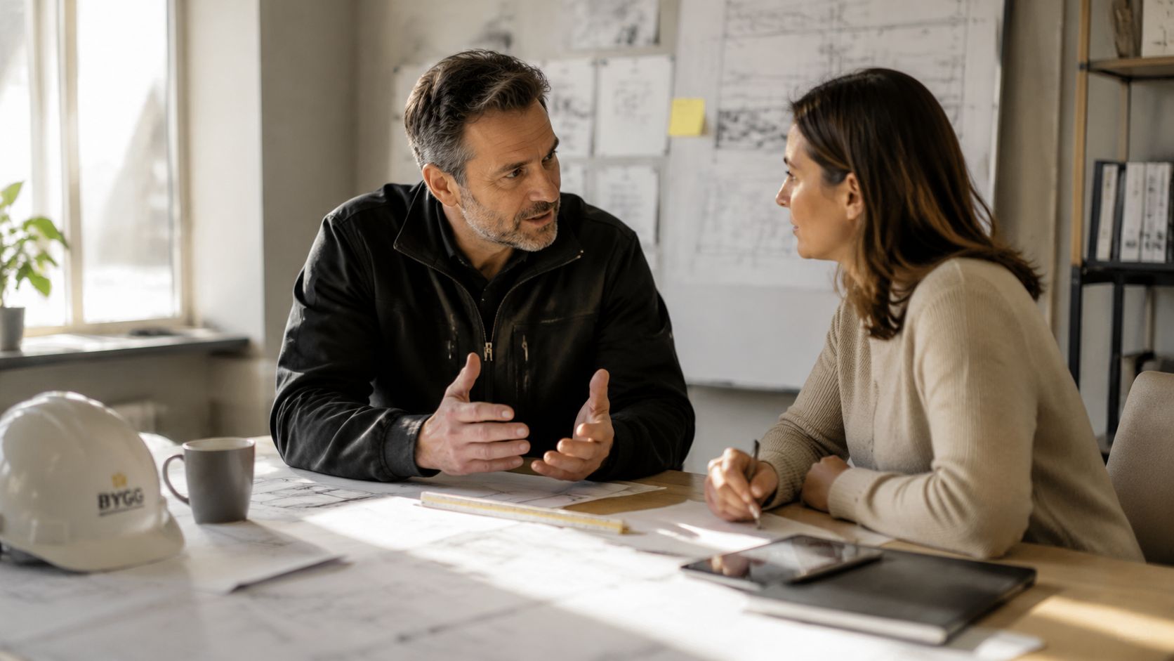 En mandlig og en kvindelig arkitekt diskuterer byggeplaner ved et bord på et moderne kontor.