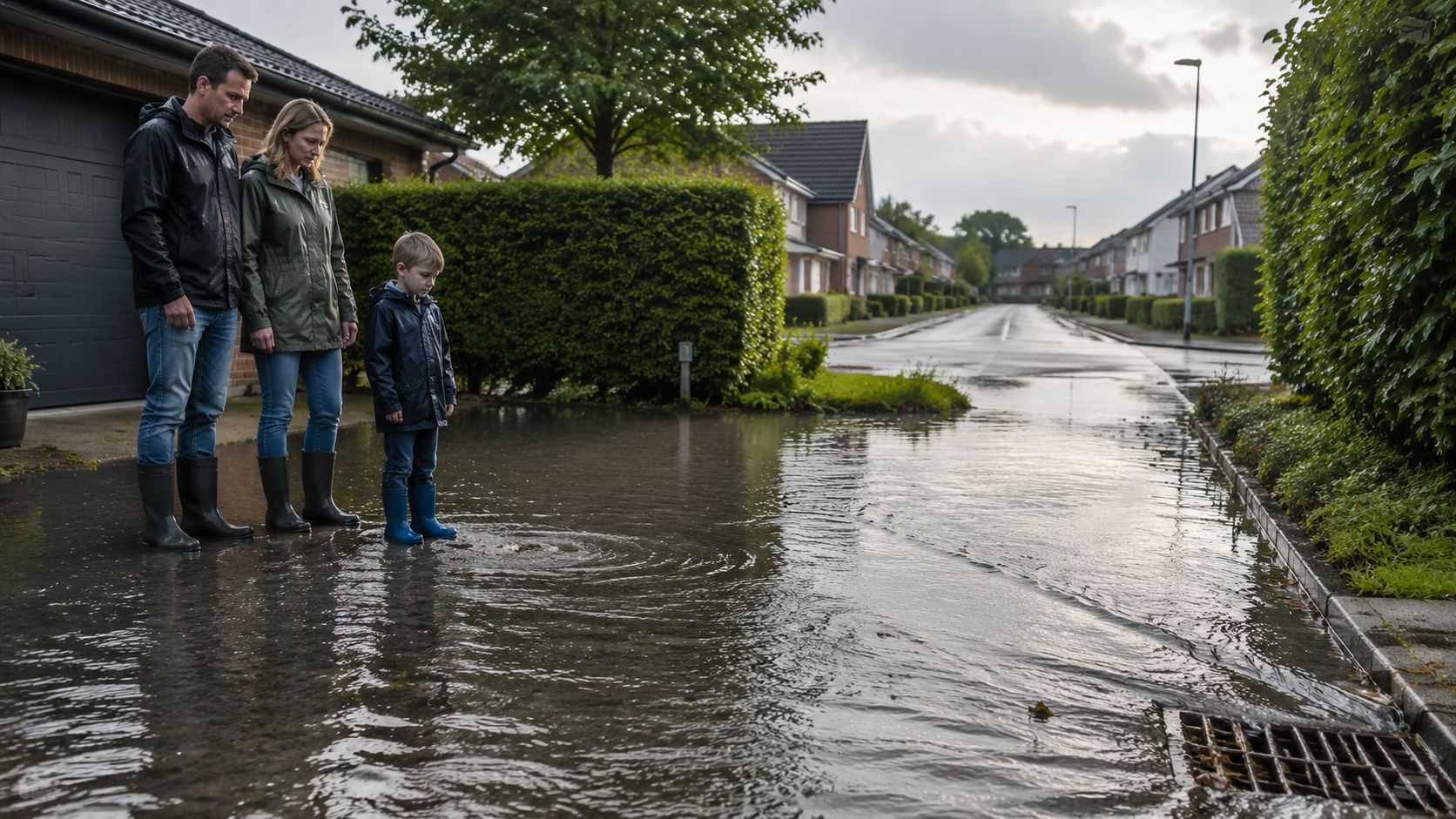 En familie står i regnvejr og kigger på oversvømmet vej ved et afløb i et boligområde.