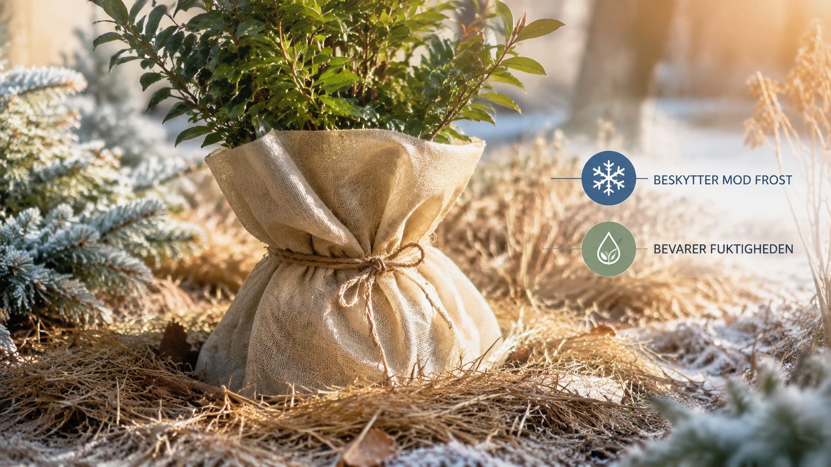 En stedsegrøn plante i en krukke, pakket ind i jute, som beskytter mod frost og bevarer fugtigheden.