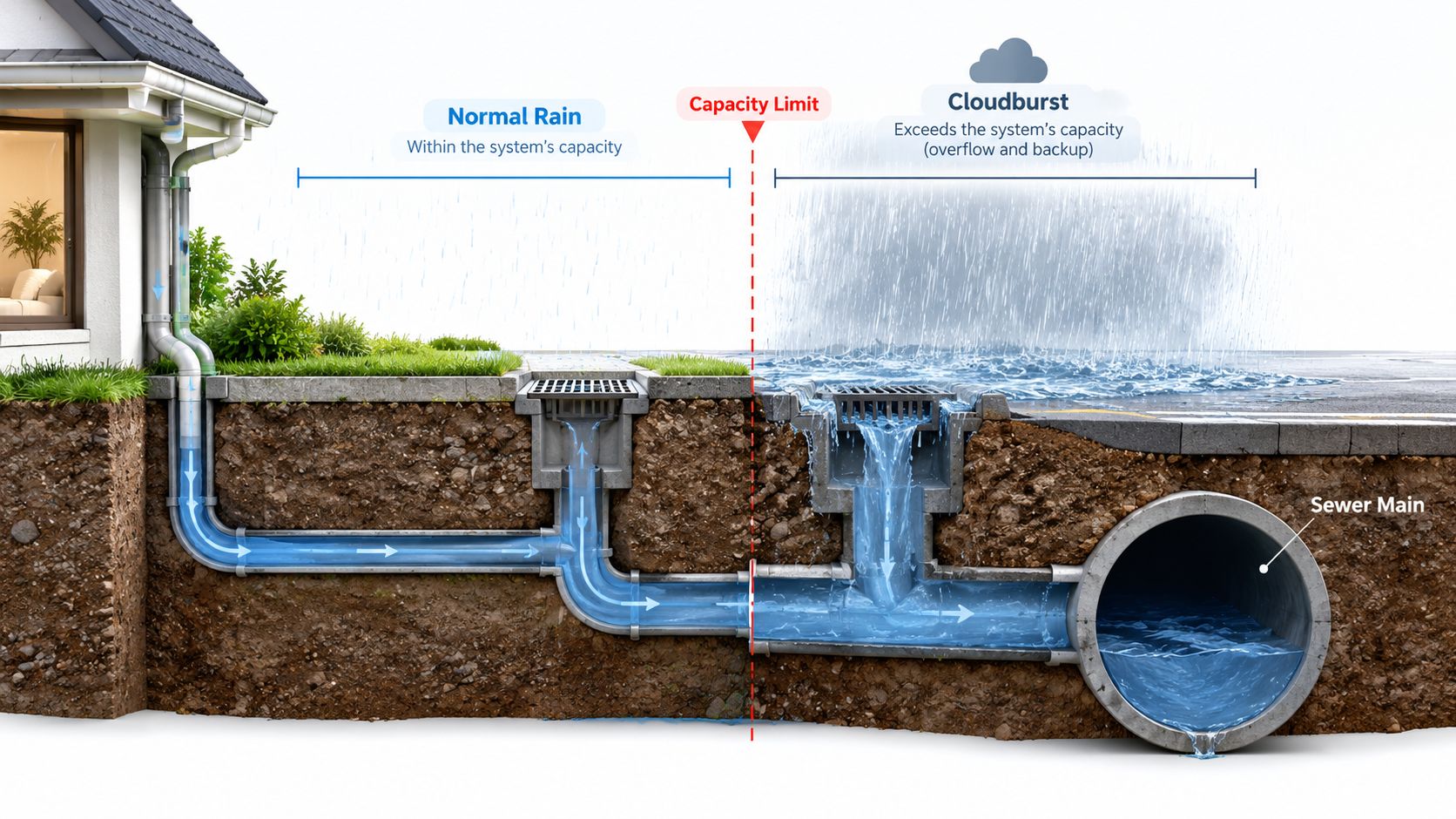 Illustration af hvordan et afløbssystem håndterer normal regn kontra et voldsomt skybrud med oversvømmelse til følge.