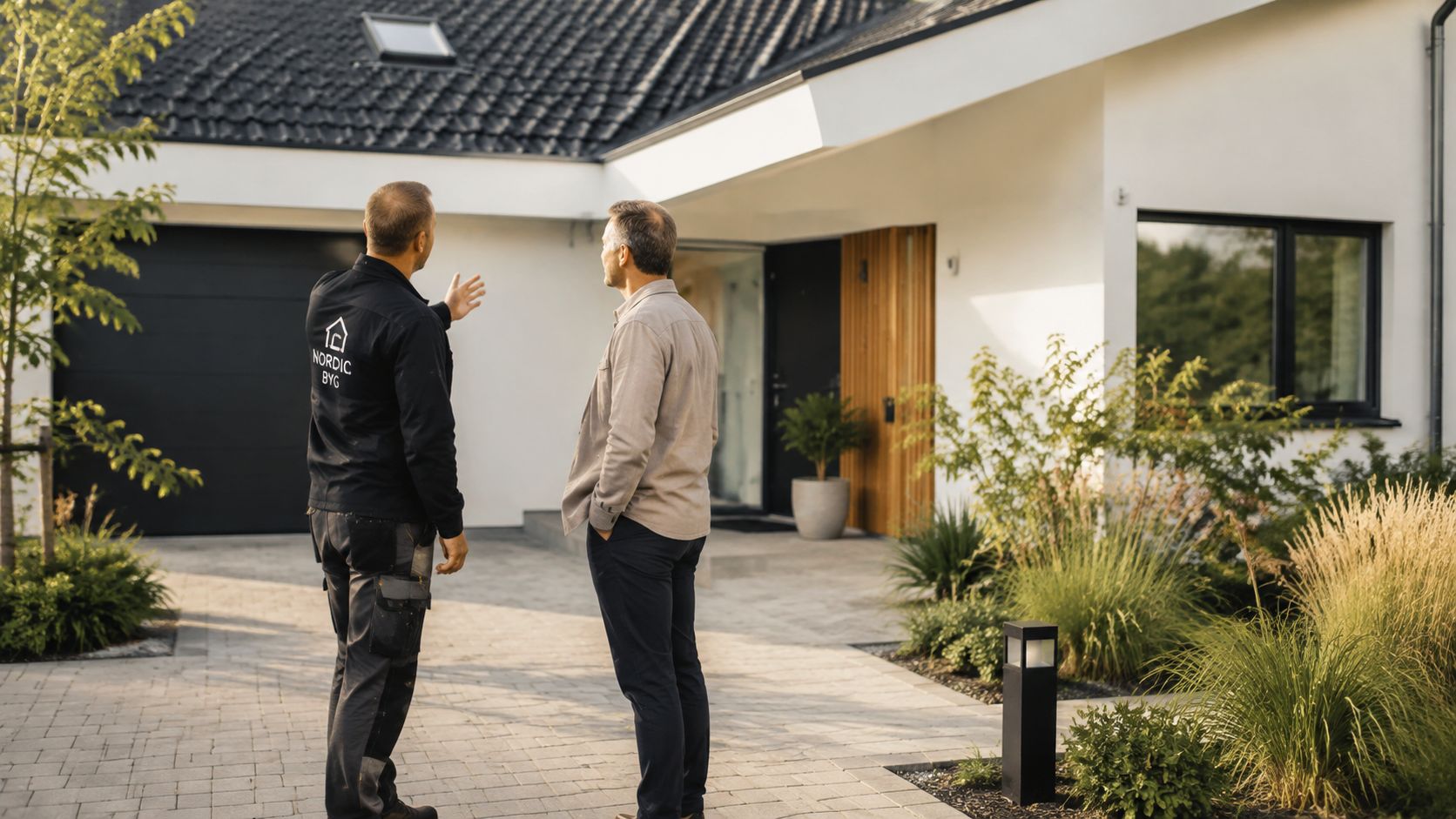 En professionel bygger giver rådgivning til en boligejer foran et moderne hus med et uforpligtende tilbud.