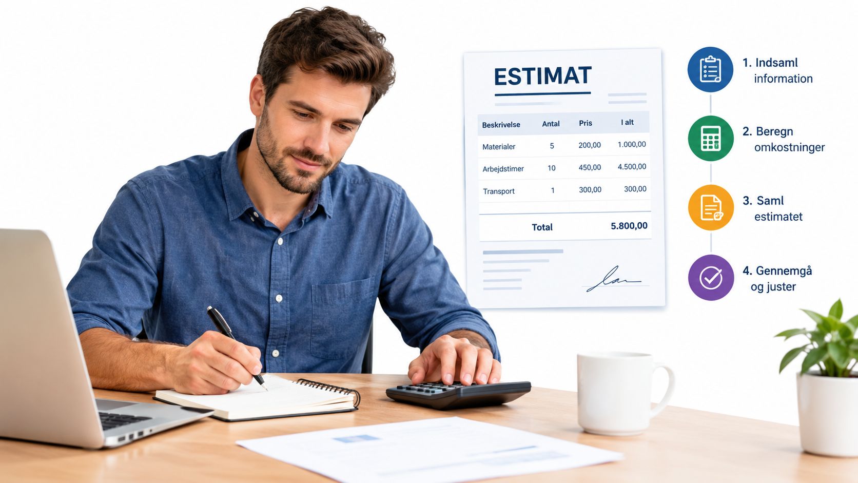 En professionel mand sidder ved et skrivebord og udregner et estimat for et byggeprojekt på en computer.