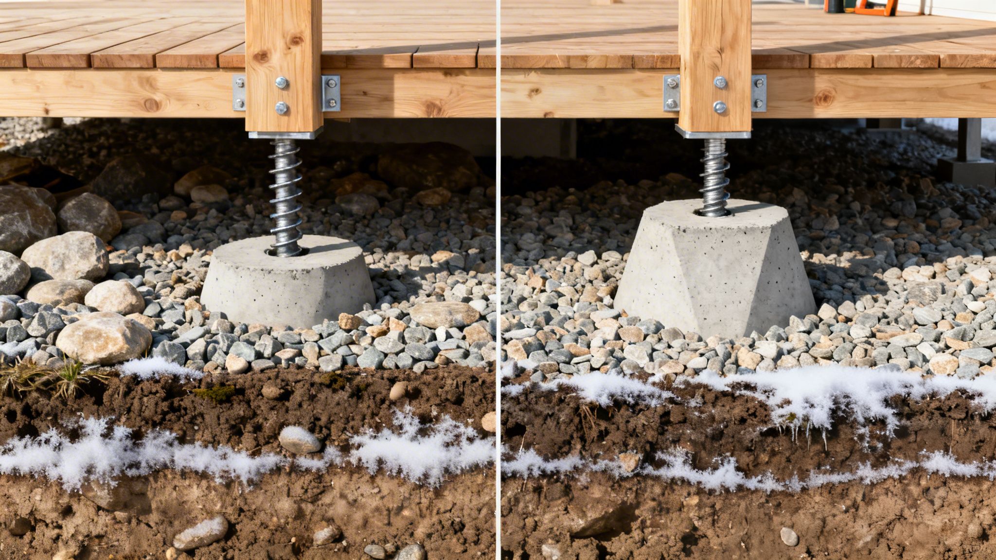 Detaljeret billede af hævet træterrasse fundament med betonstolper og justerbare skruer, der viser jordlag og frosthævning.