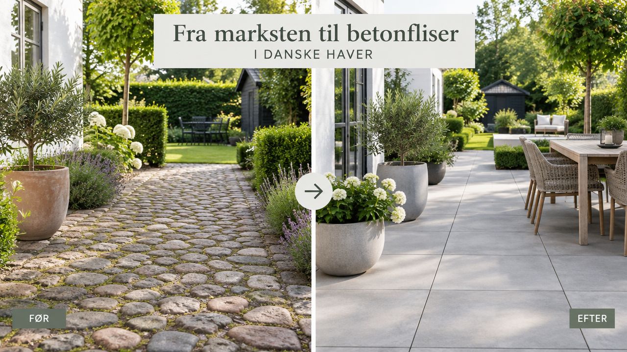 Sammenligning af en havegang med marksten før og en moderne terrasse med betonfliser efter renoveringen.