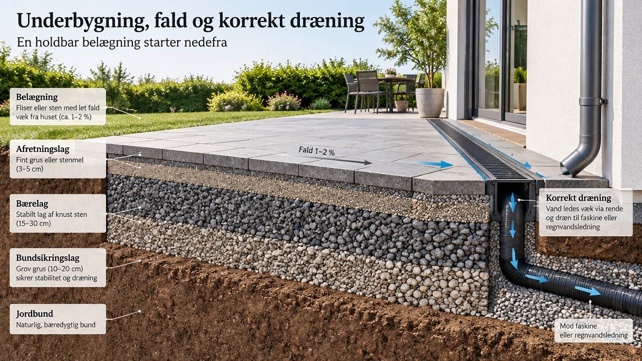 Tværsnit af en korrekt opbygget terrasse med underbygning, fald og dræning mod husets facade.