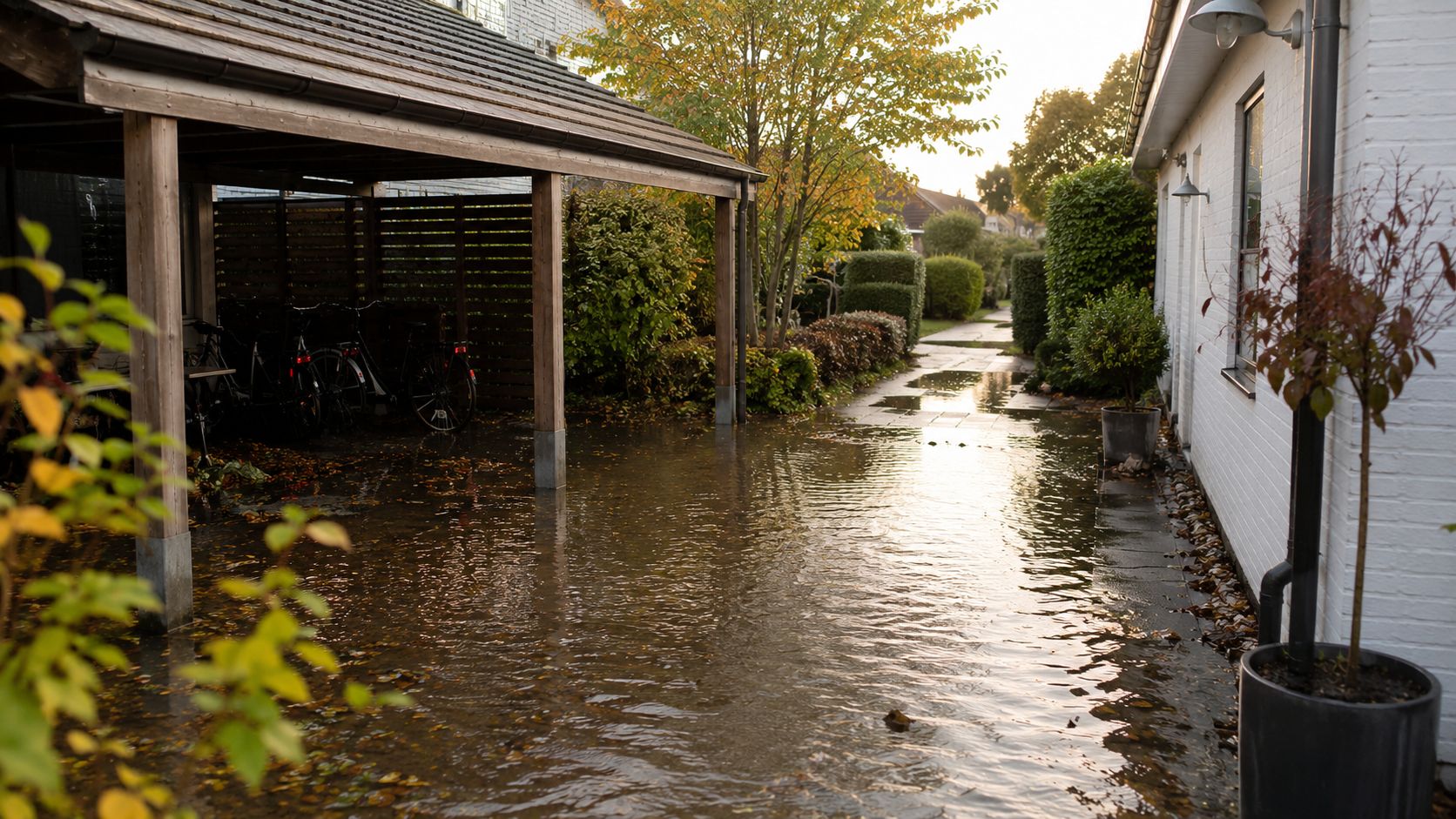 Et oversvømmet område ved et hus med en carport, hvor vandet reflekterer de omkringliggende træer og bygninger.