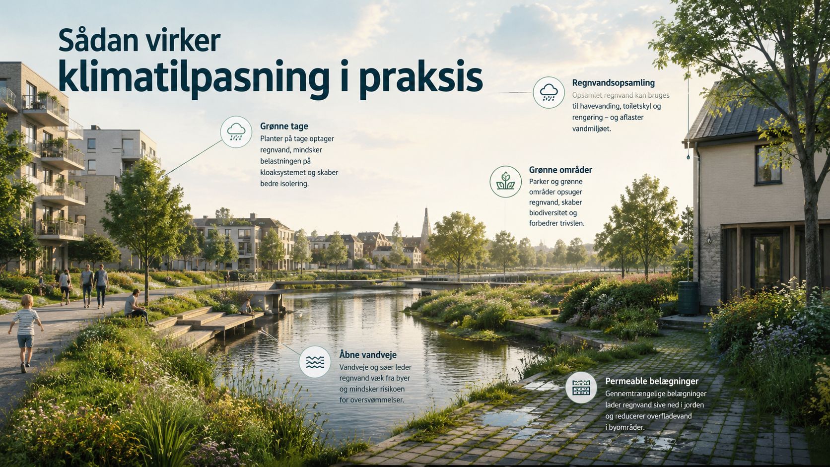 Illustration af klimatilpasning i byområder med grønne tage, vandveje, grønne områder og permeable belægninger i en park.