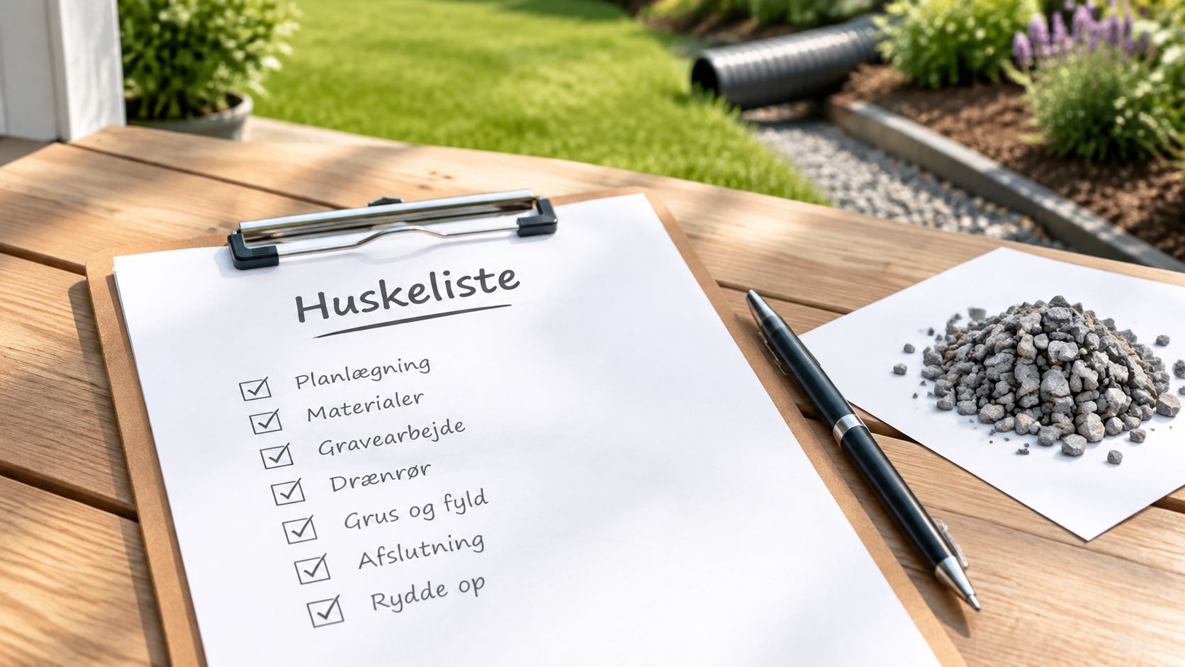 En huskeliste på en blok med tjekpunkter til havearbejde ved siden af en pen og småsten.