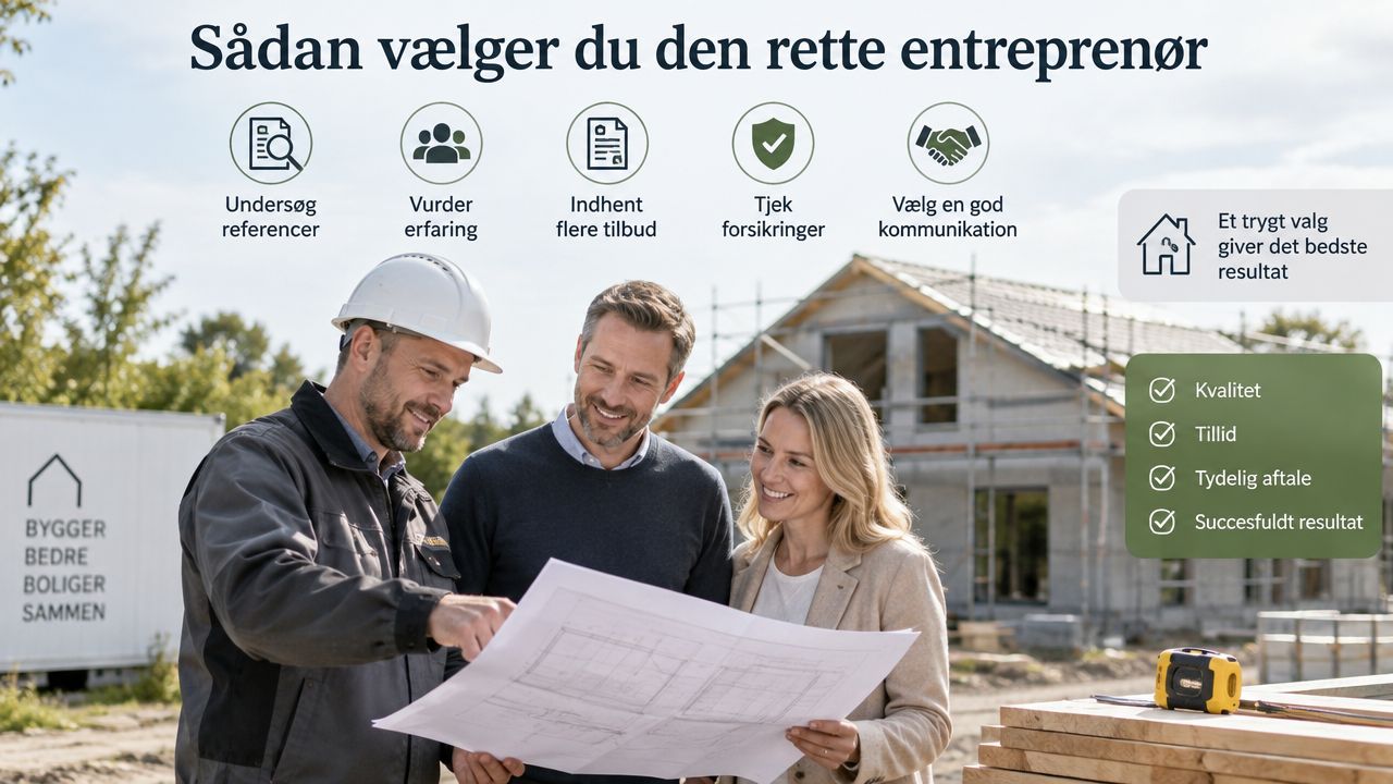 Håndværker gennemgår byggeplaner sammen med et par foran et hus under opførelse på en byggeplads.