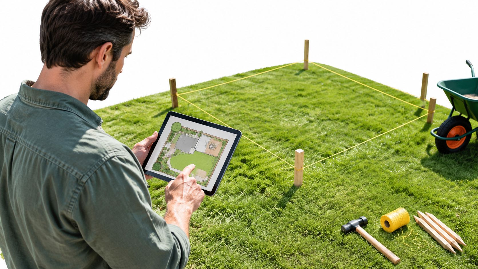 Mand kigger på en digital haveplan på sin tablet ved siden af et afmærket område i græsset.