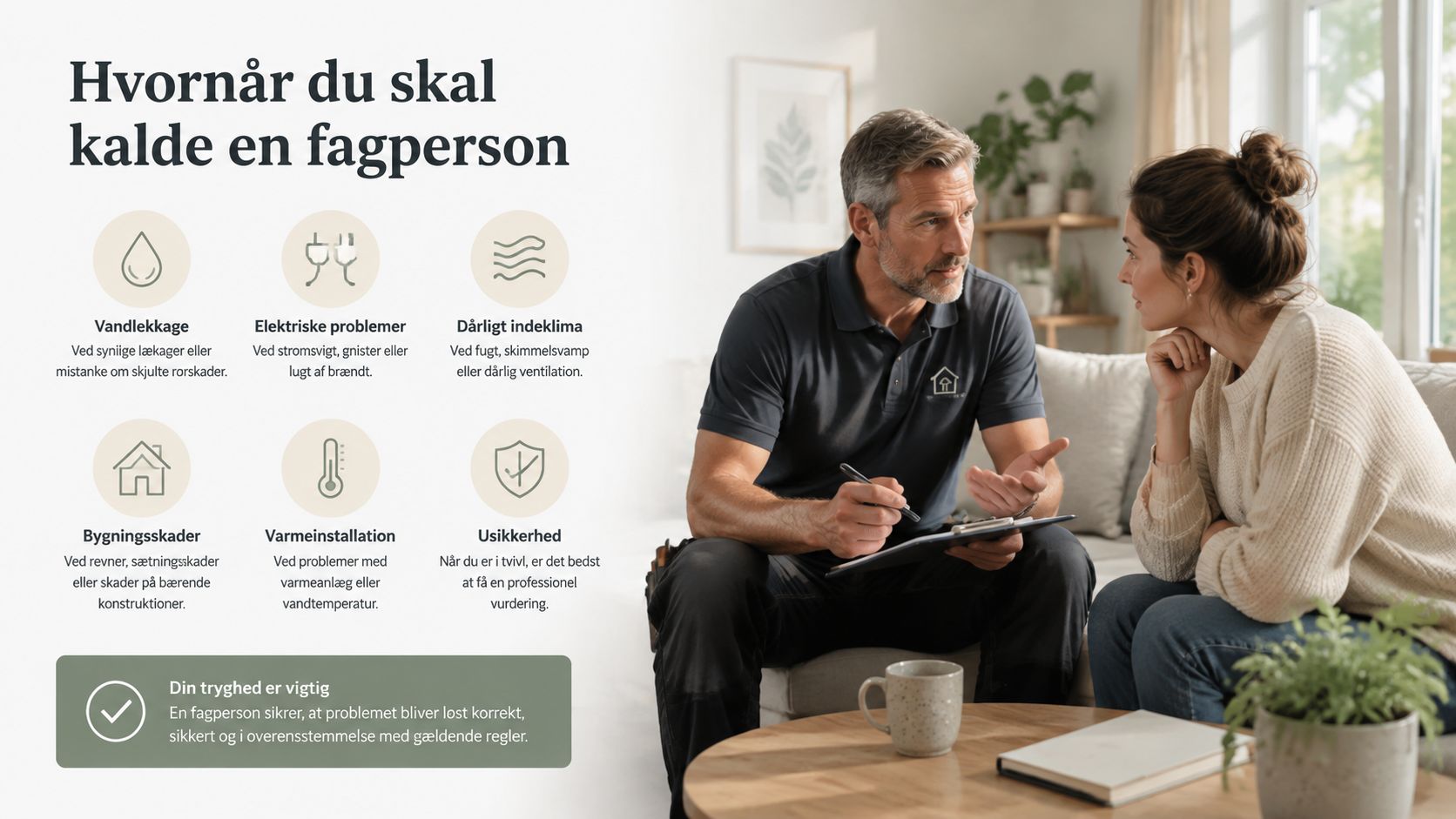 En fagperson rådgiver en kvinde om hvornår man bør søge professionel hjælp til boligreparationer og vedligeholdelse.