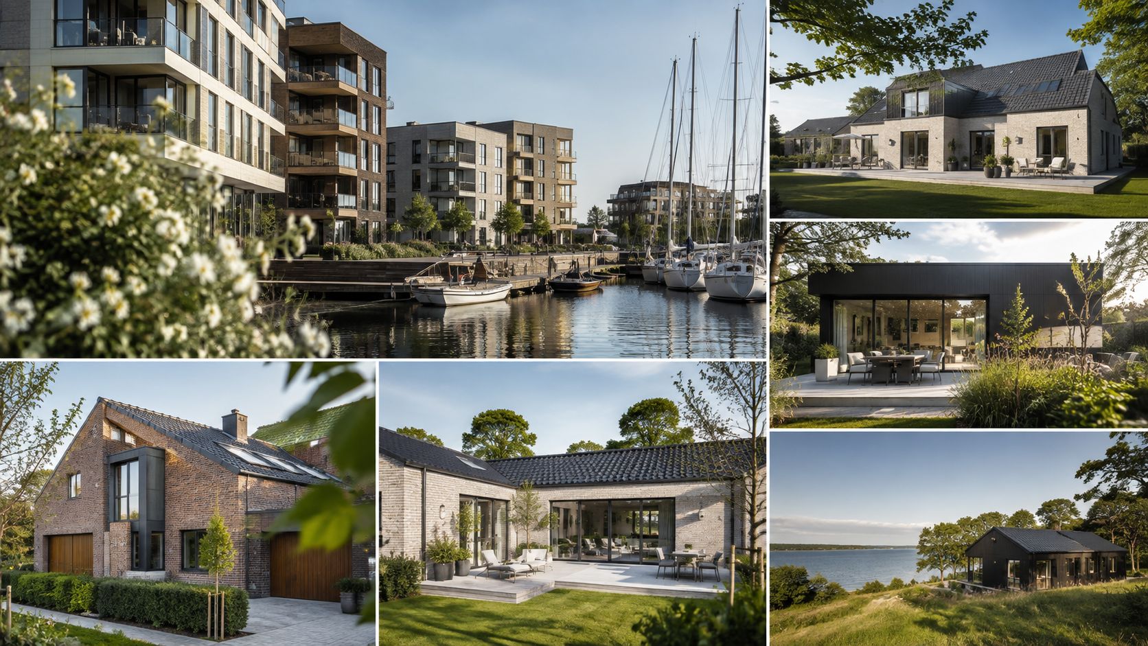 En collage af moderne arkitektoniske boliger og lejlighedskomplekser ved vandet med fokus på bæredygtigt design og klimatilpasning.