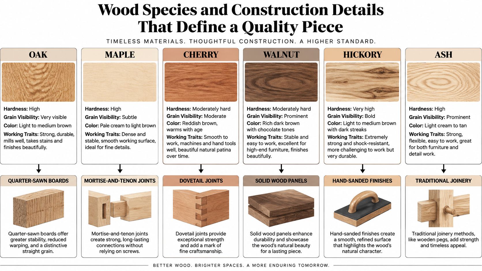 An infographic detailing common wood species like oak, walnut, and cherry and quality construction methods for furniture.
