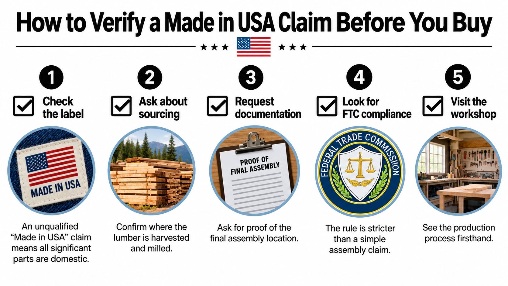 A guide illustrating five steps to verify if a product is legitimately made in the USA.