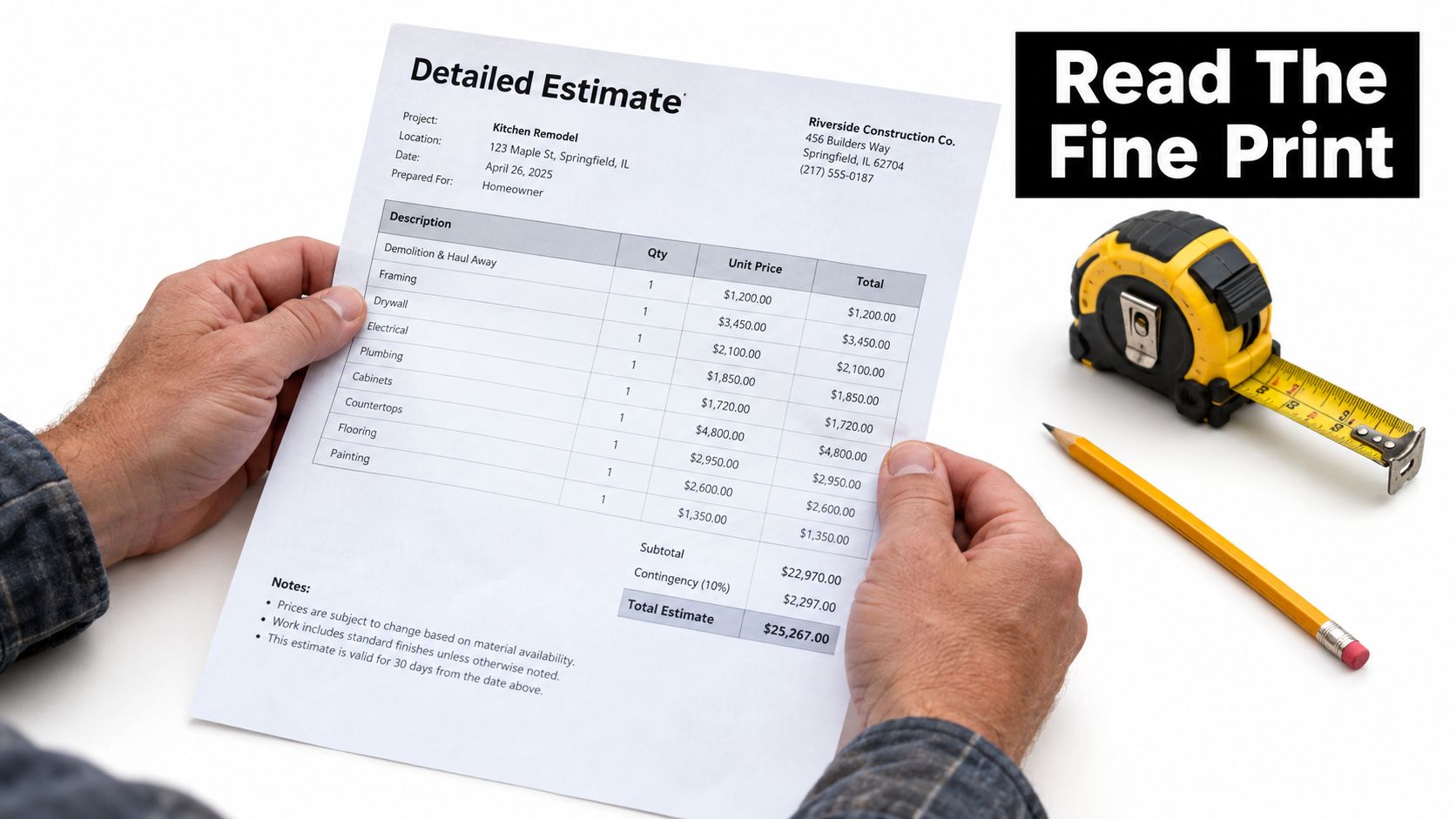 A person holding a printed kitchen remodeling detailed estimate document with a tape measure and pencil nearby.