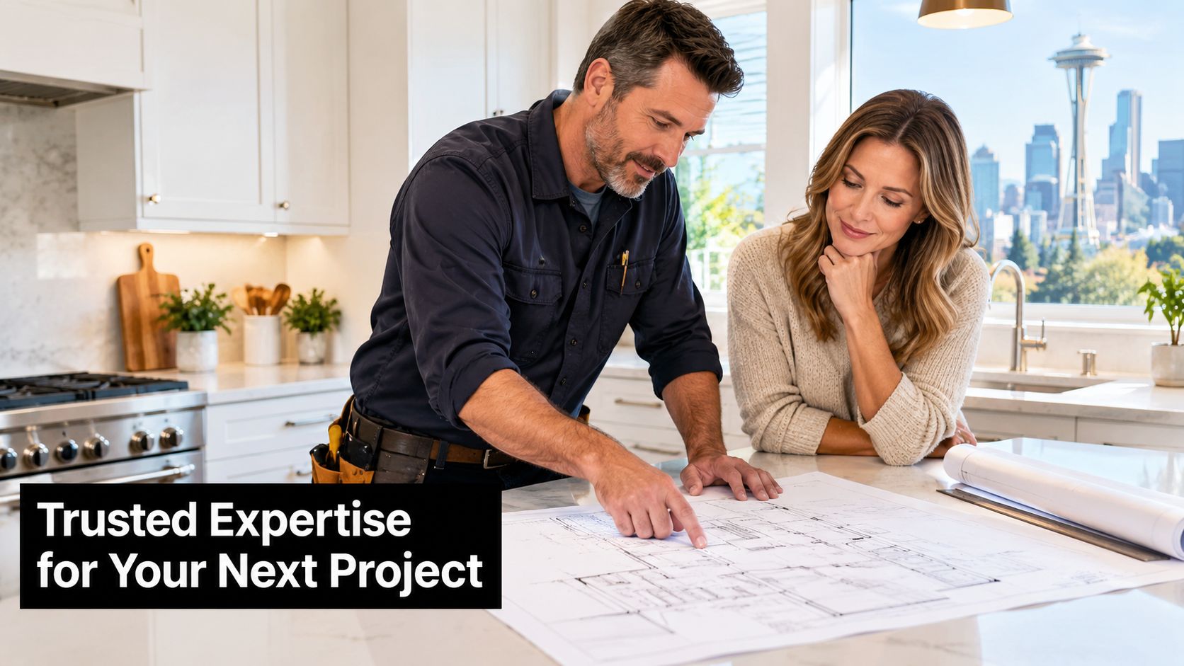 A professional contractor and a homeowner reviewing architectural blueprints in a kitchen overlooking the Seattle skyline.