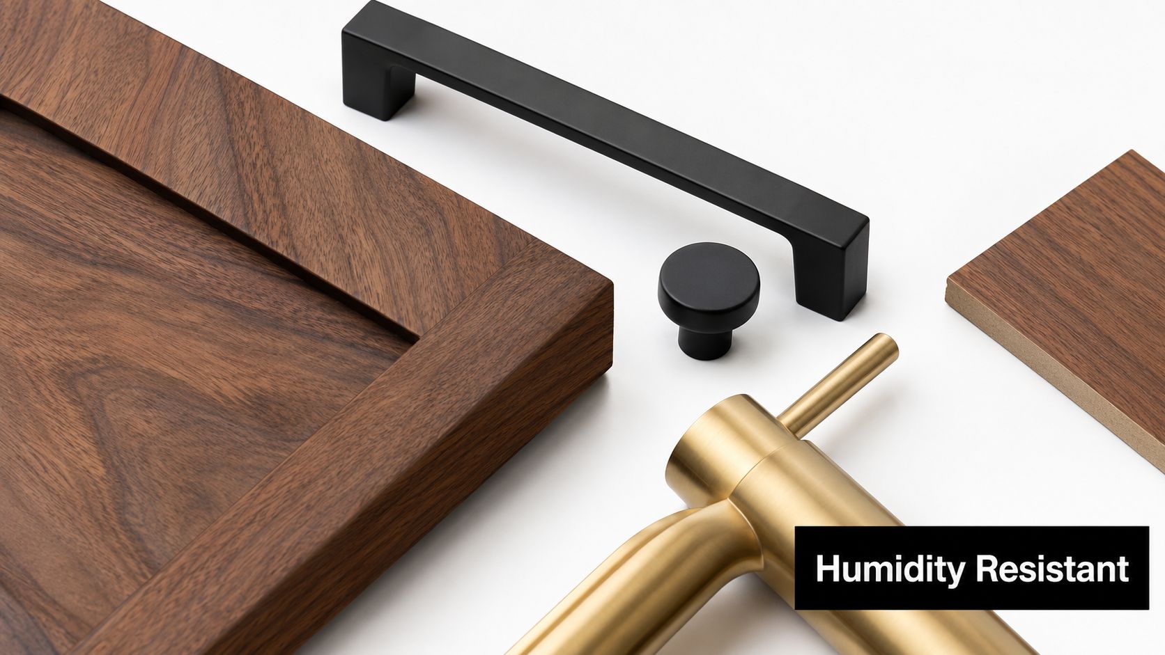 A flat lay image featuring a dark wooden cabinet door, matte black hardware, and a brass faucet.