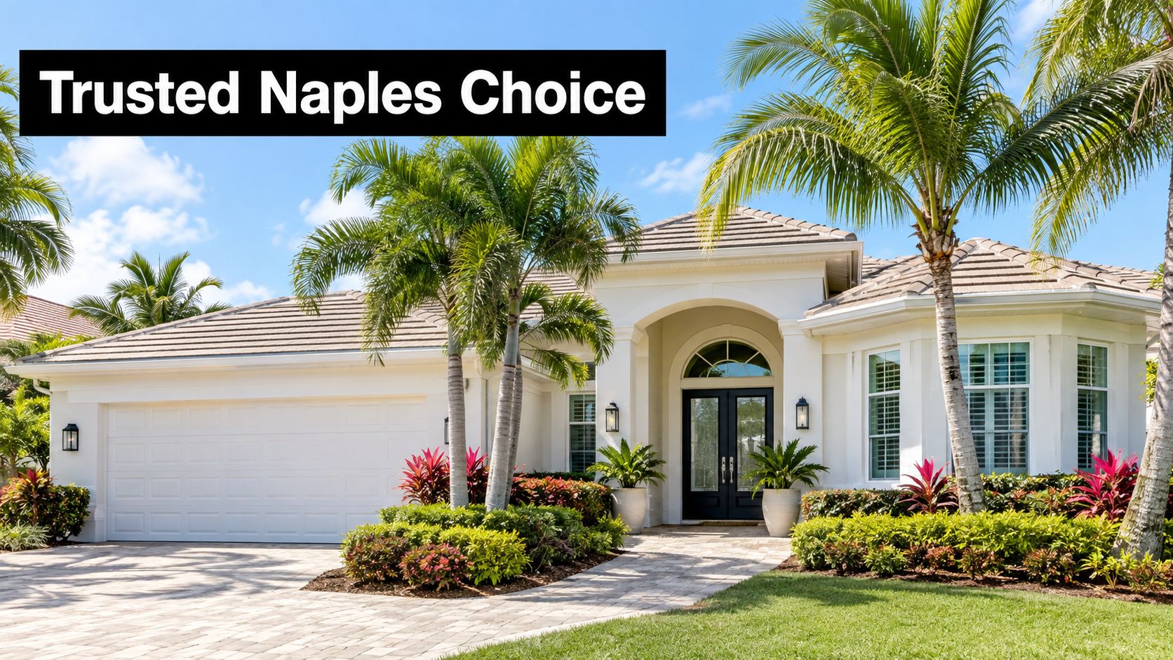 A beautiful bright white residential house with palm trees and green landscaping in Naples, Florida.