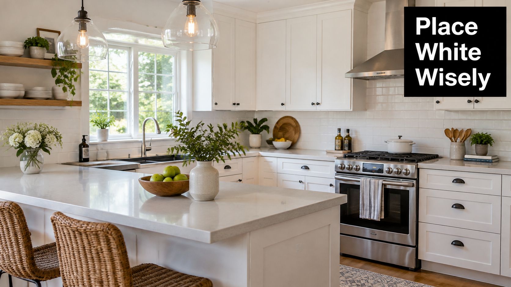 A bright modern farmhouse kitchen featuring white cabinets, stone countertops, and natural woven bar stools.