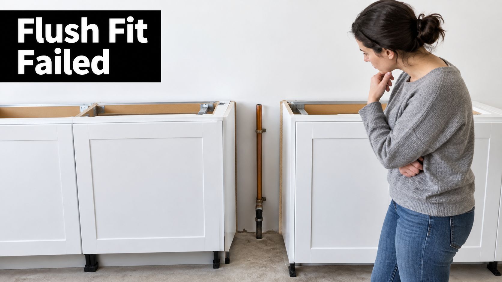 A confused woman looking at a gap between kitchen cabinets caused by an exposed pipe on the wall.