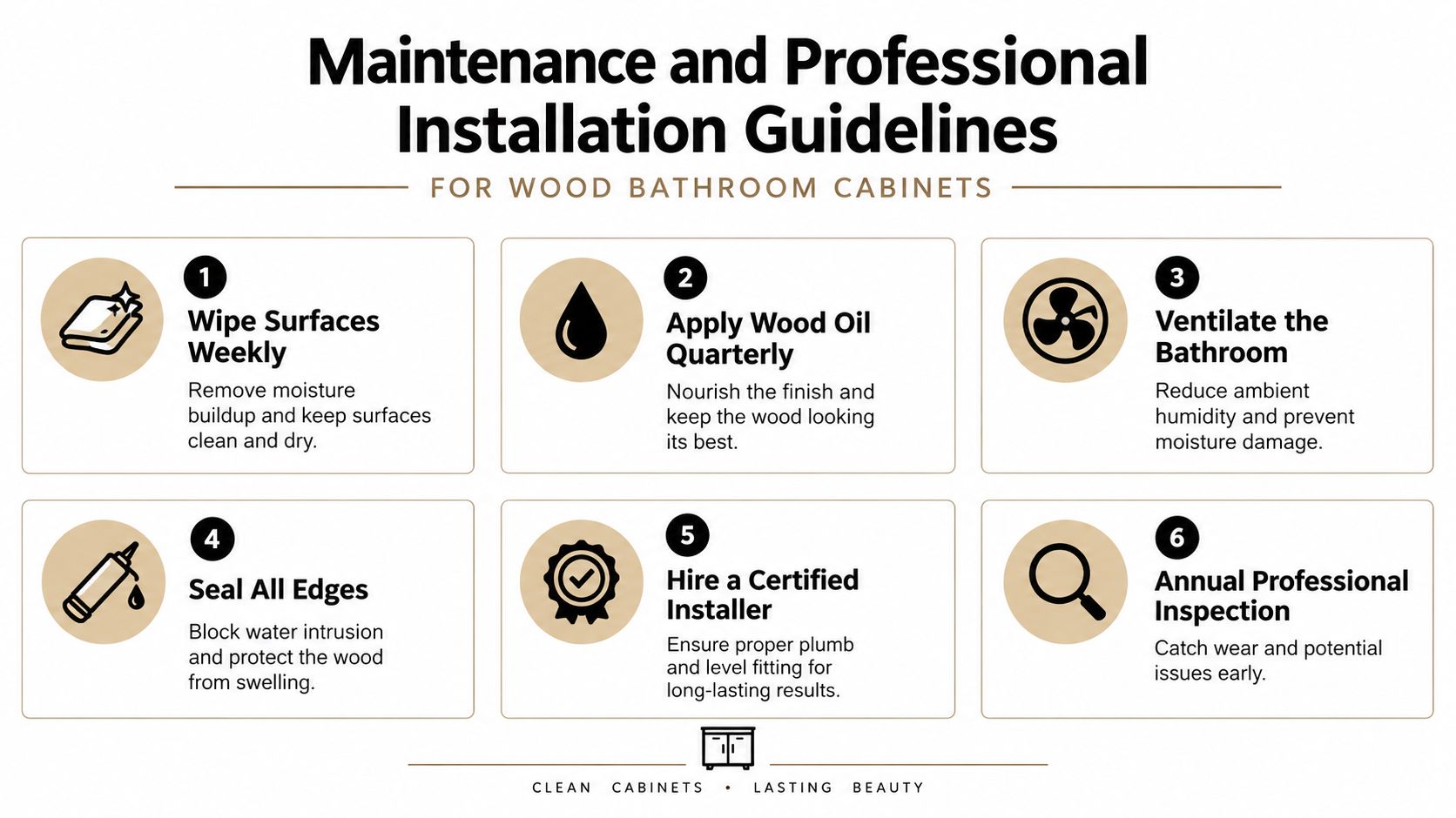 A professional infographic outlining six essential maintenance and installation guidelines for wood bathroom cabinets to ensure longevity.