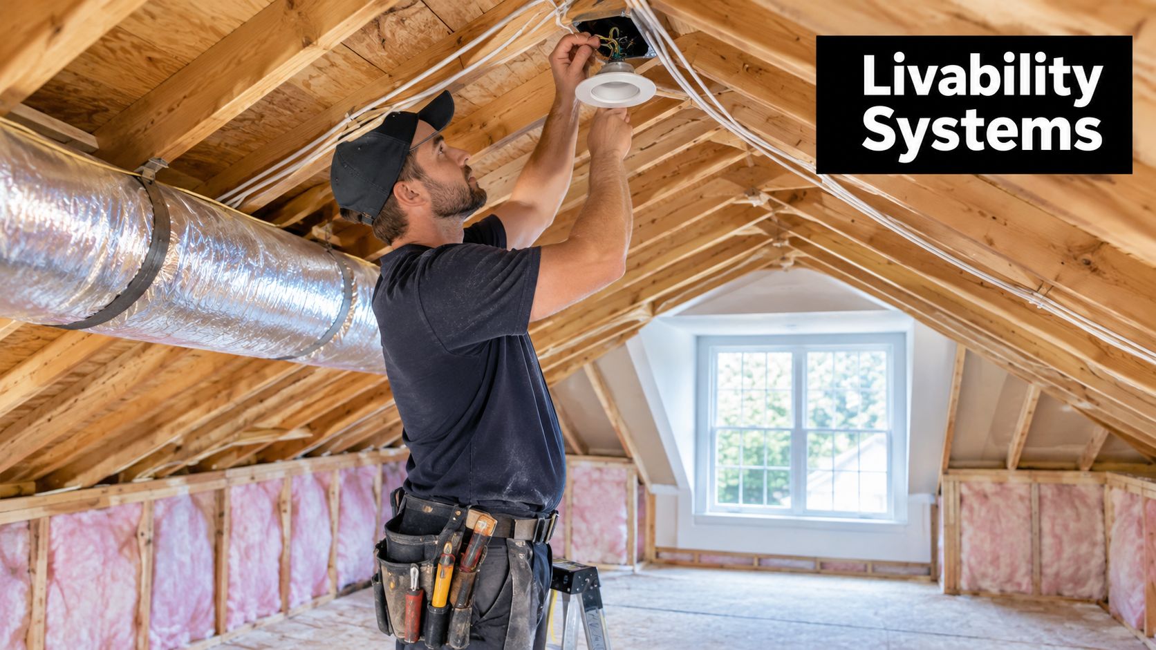 An electrician wearing a tool belt installs recessed lighting into the ceiling of an unfinished attic space.