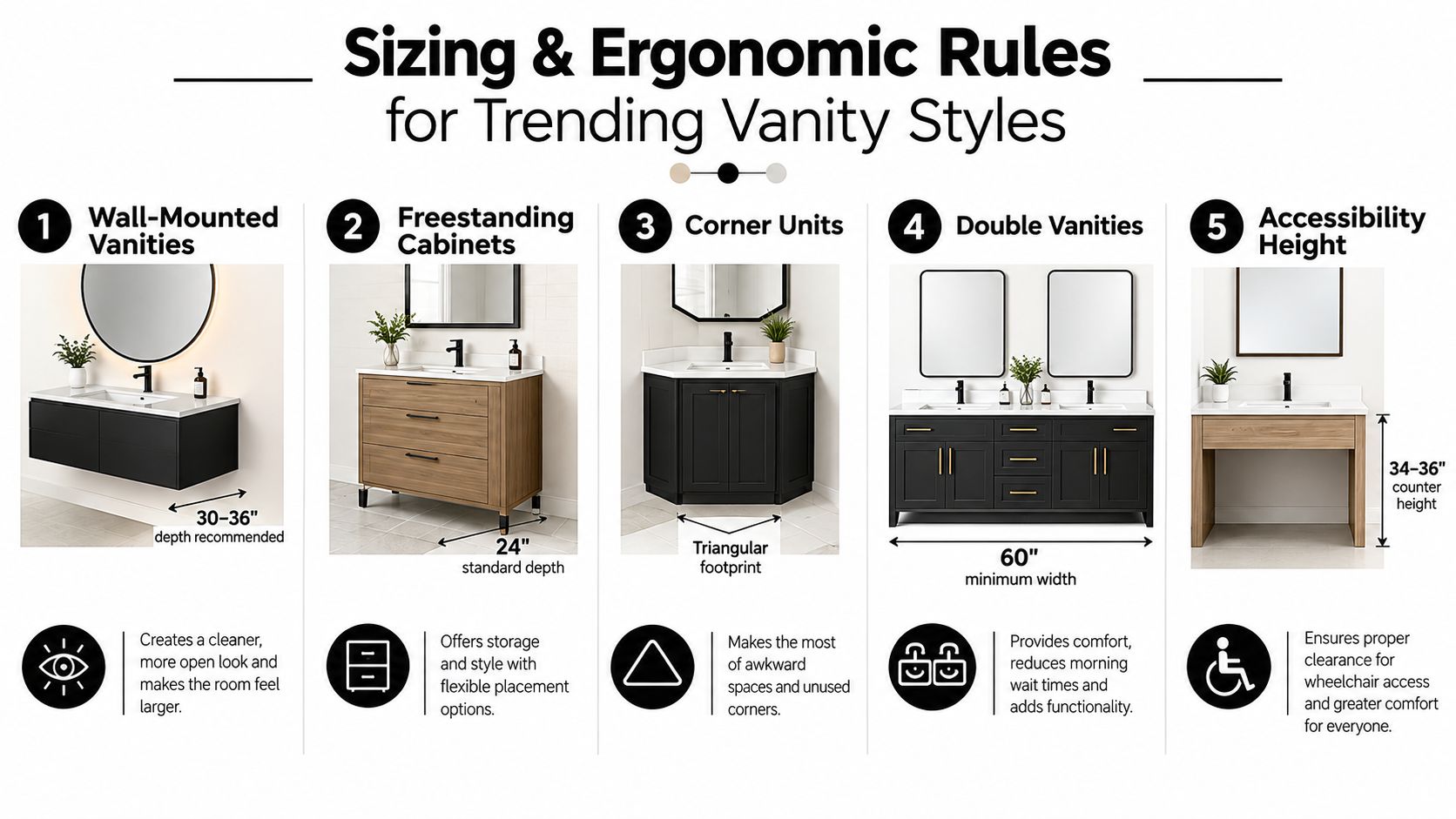 A design infographic detailing sizing and ergonomic guidelines for five popular bathroom vanity styles for home improvement.