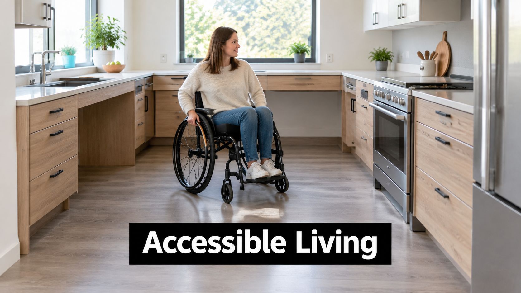 A woman in a wheelchair sitting in the center of an accessible u-shaped kitchen design.