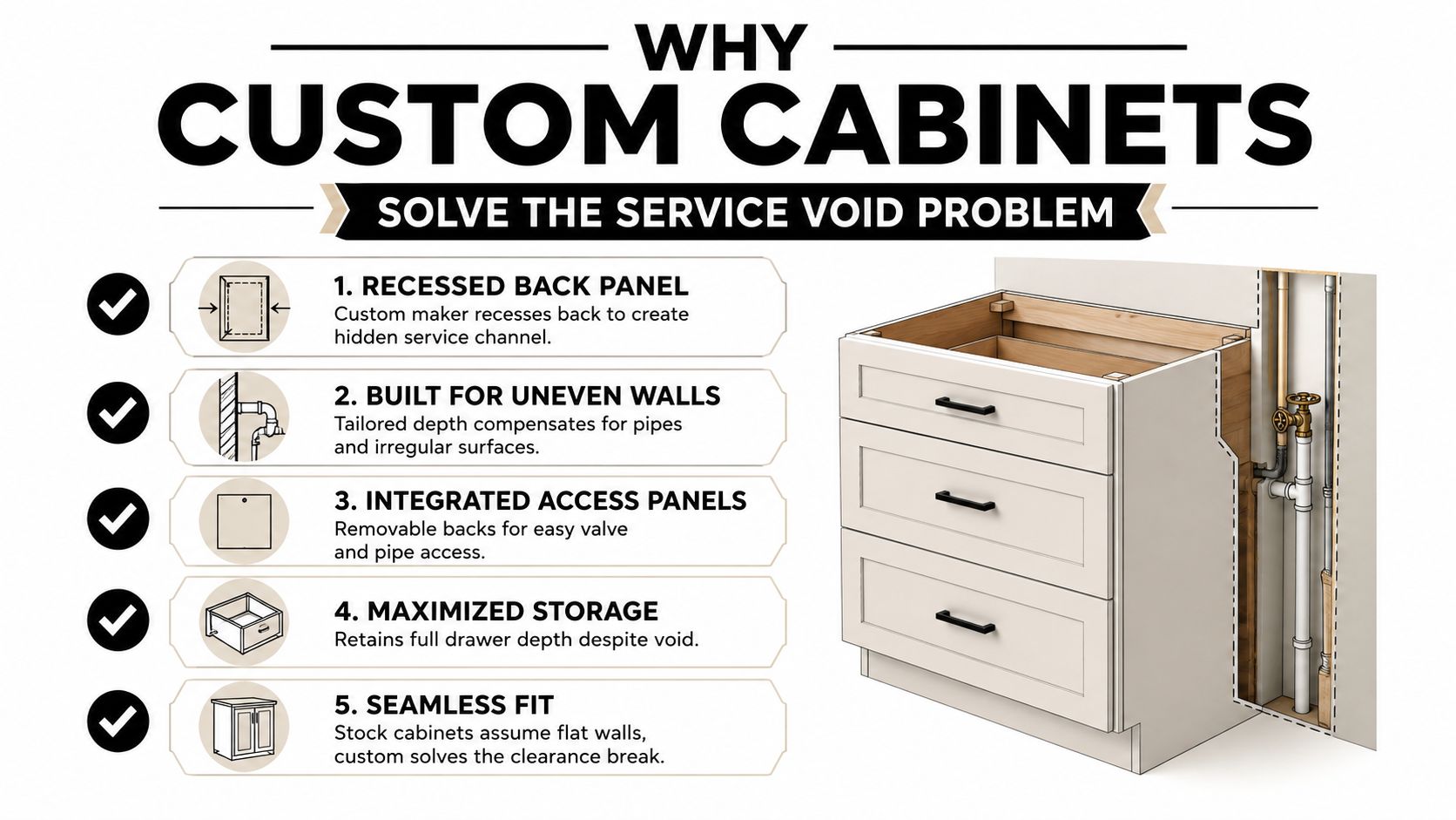 A diagram illustrating how custom cabinets solve service void issues with recessed panels and tailored depths.
