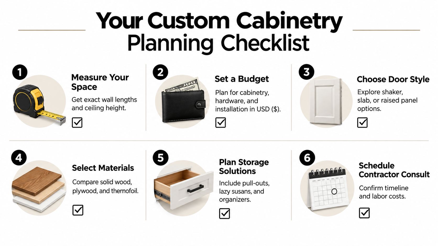 A six-step infographic checklist for planning custom cabinetry including measuring, budgeting, style, materials, storage, and consultation.