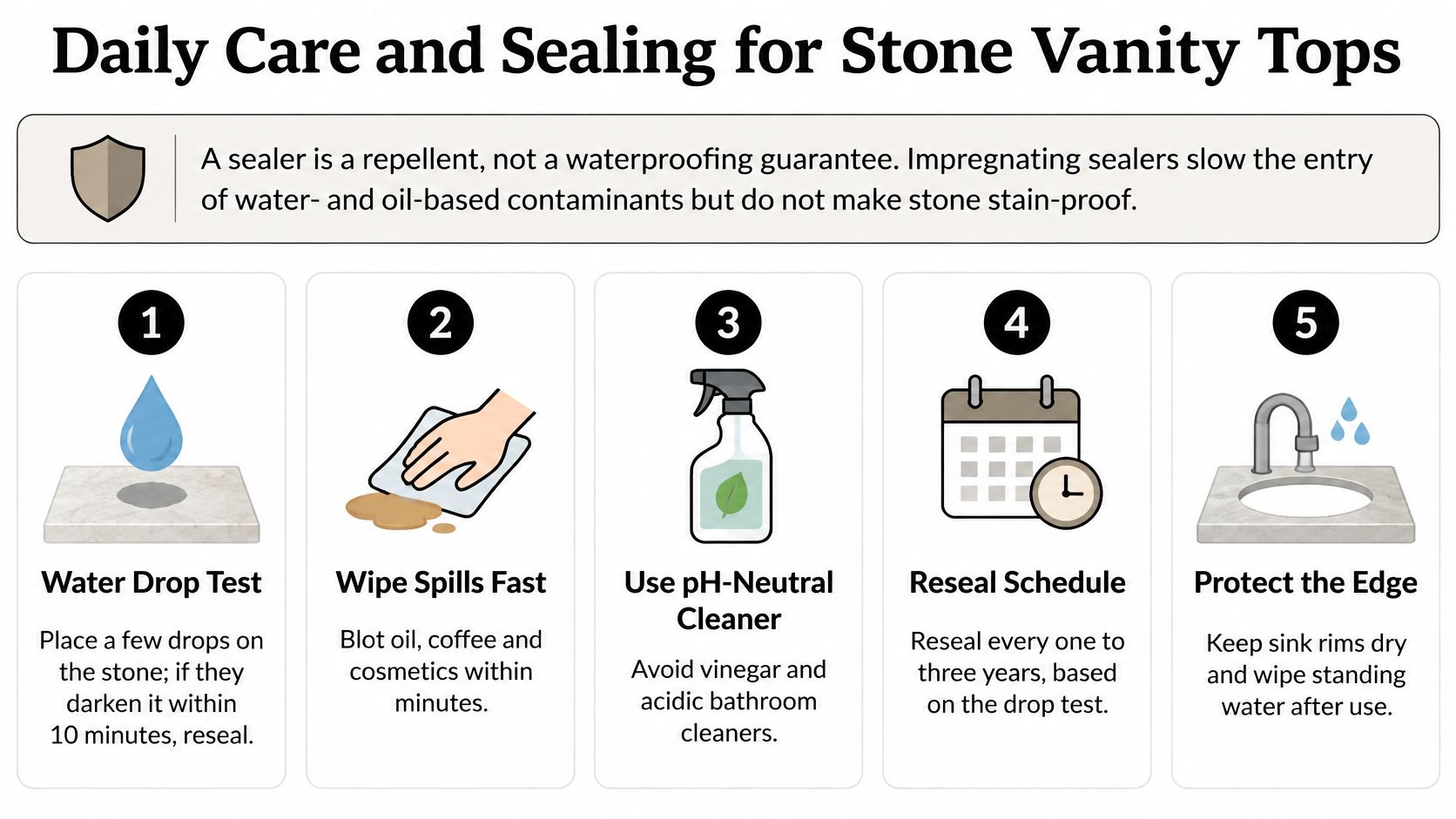 An infographic titled Daily Care and Sealing for Stone Vanity Tops showing five steps for stone maintenance.