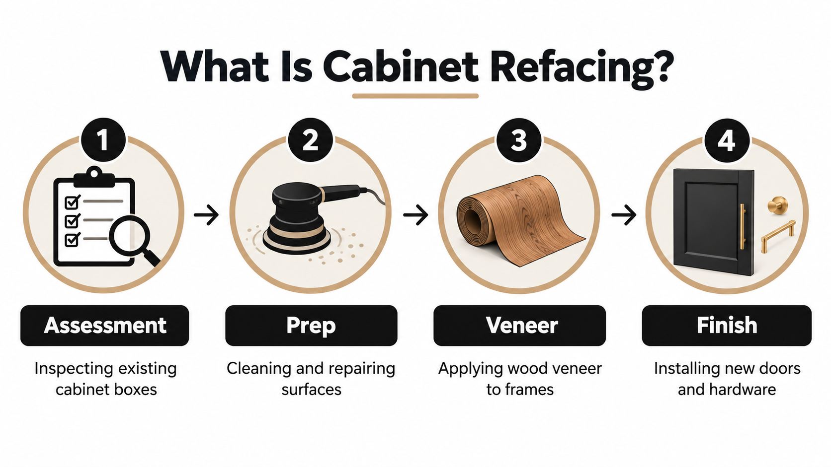 A four-step infographic illustrating the cabinet refacing process: assessment, preparation, veneering, and finishing new installations.
