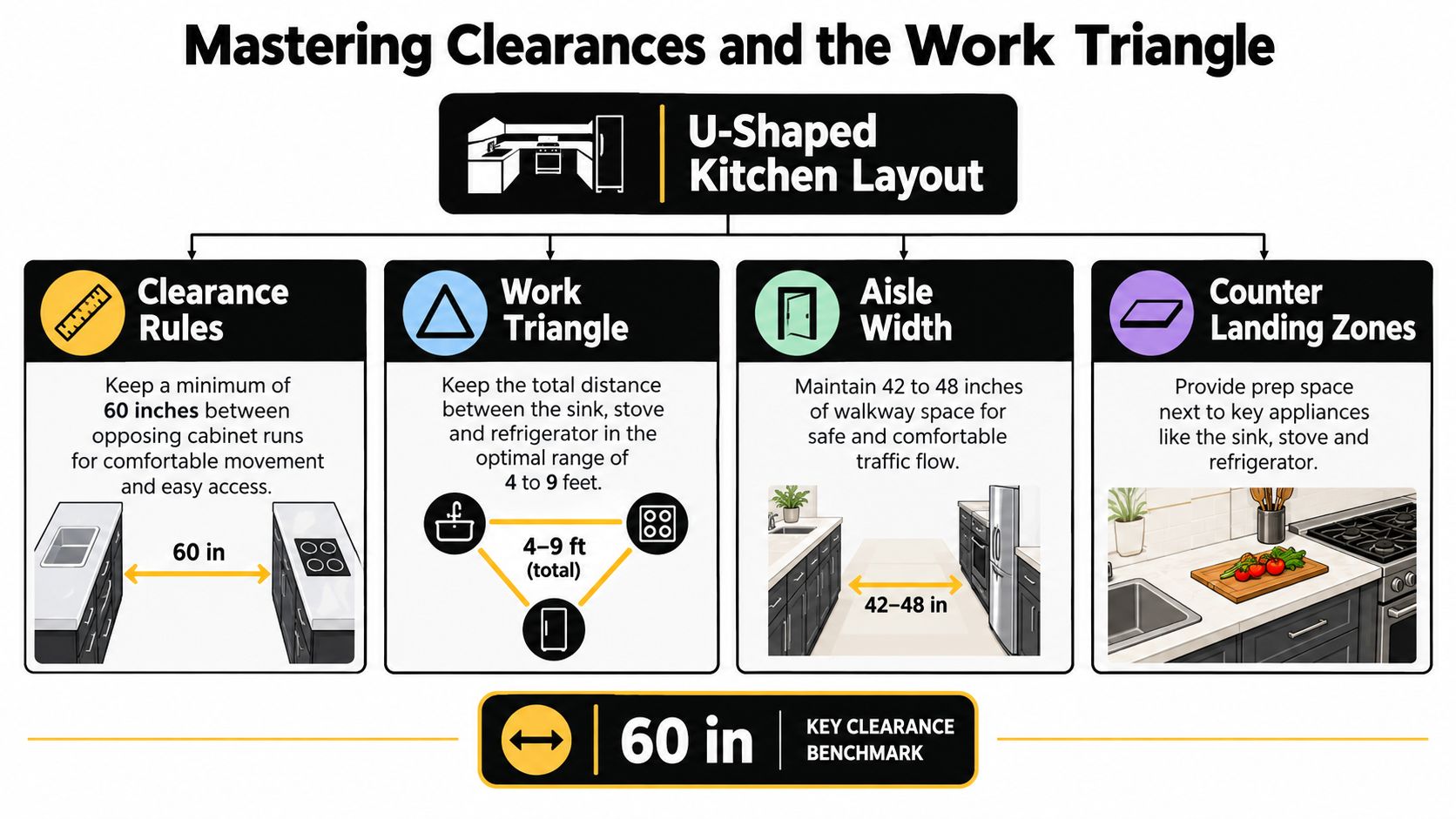 An infographic detailing the U-shaped kitchen layout, covering clearance rules, work triangle, aisle width, and landing zones.