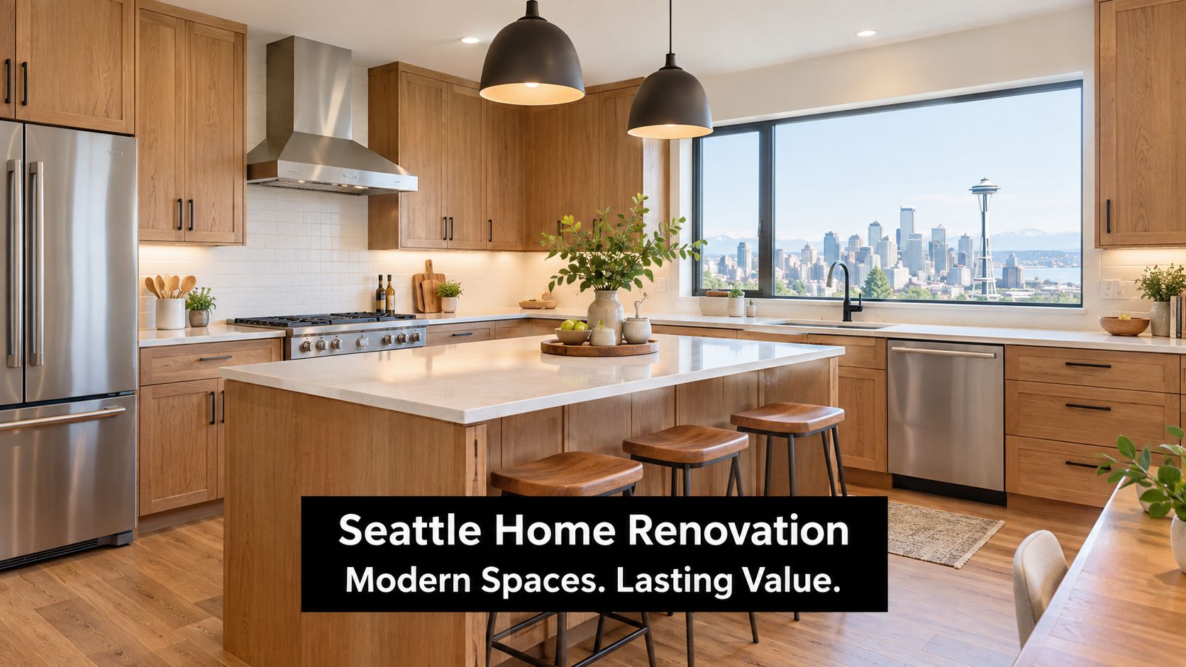 A modern kitchen renovation in Seattle with light wood cabinets, stone countertops, and a cityscape view.