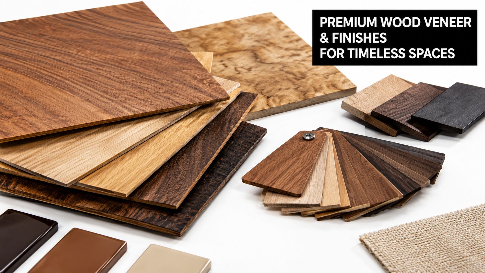 A collection of premium wood veneer samples and finish color swatches arranged on a white background.