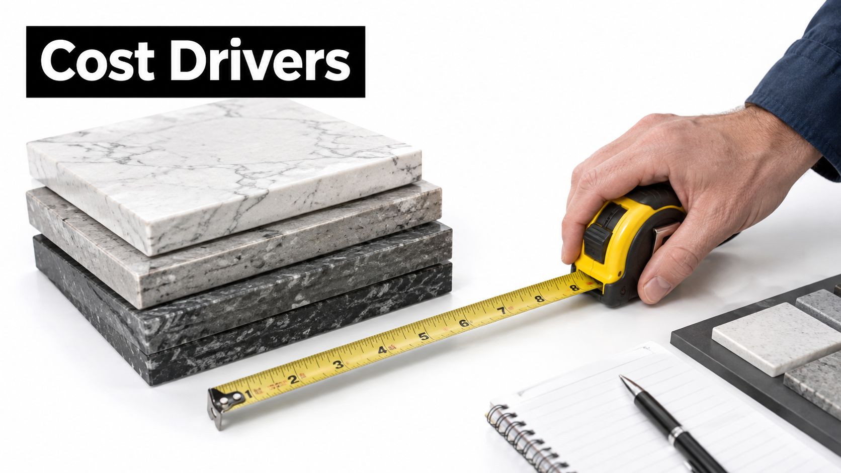 A person measuring a stack of stone countertops with a yellow tape measure on a desk.